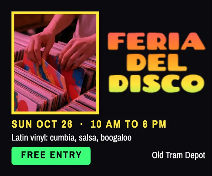 Latin vinyl record fair display ad, chicha poster template
