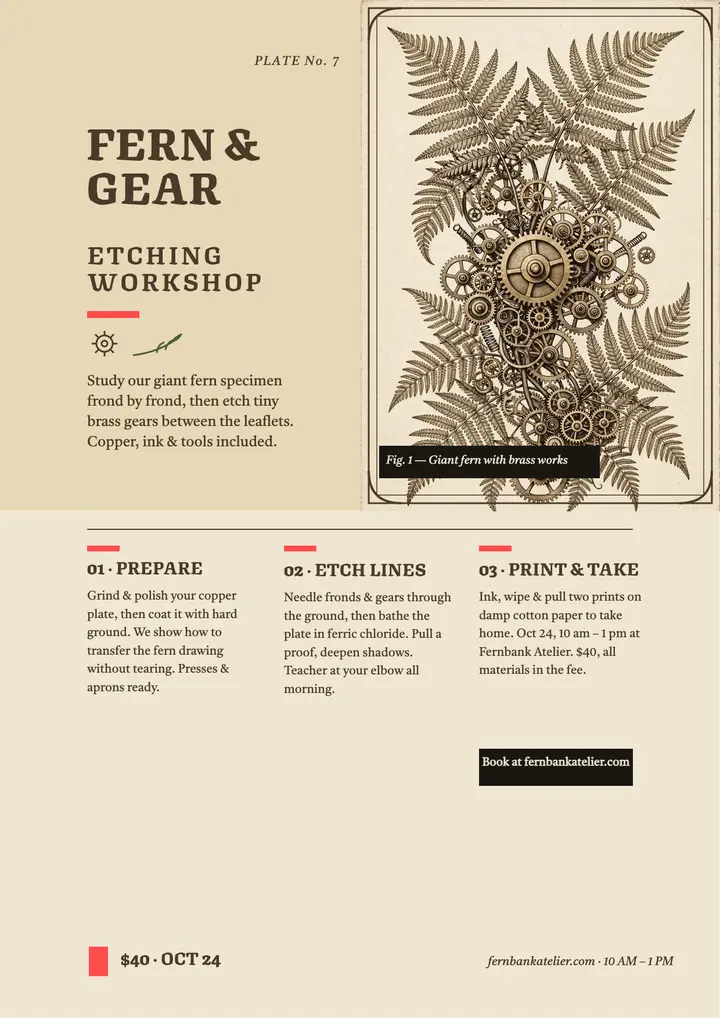 Fernbank fern etching workshop flyer: botanical etching workshop flyer template