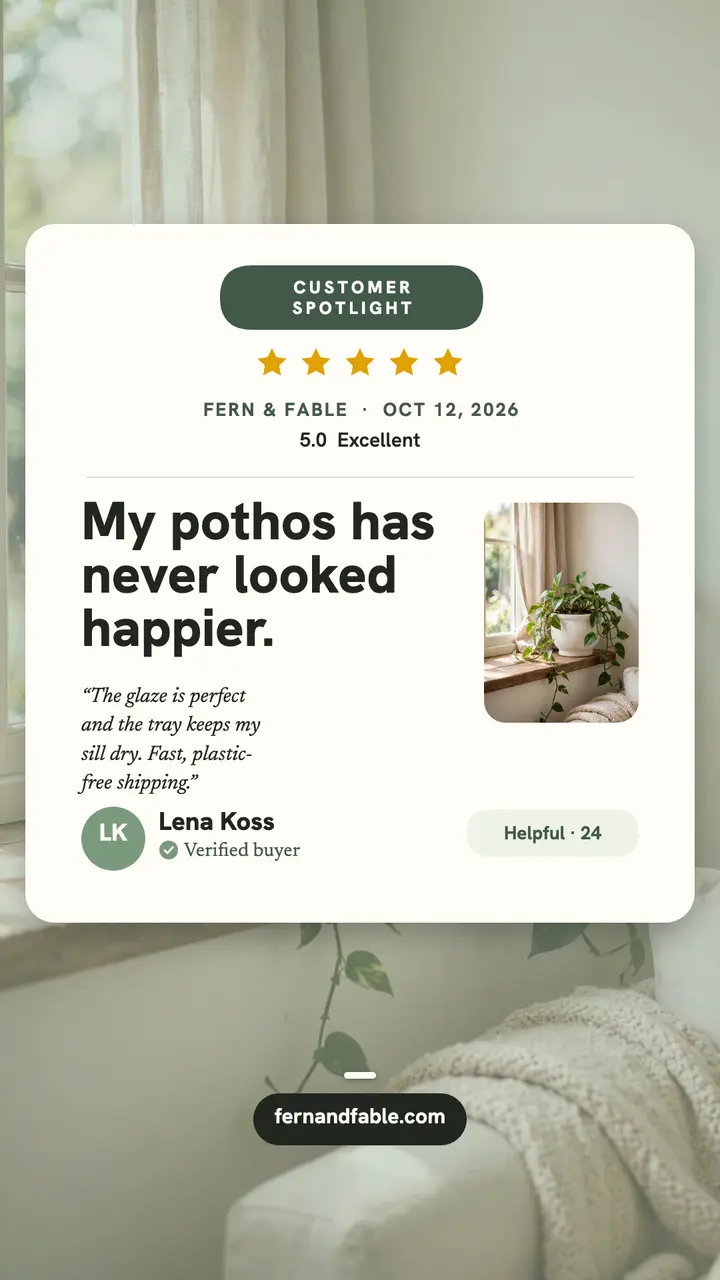 Fern and Fable planter 5-star review story: customer review story template