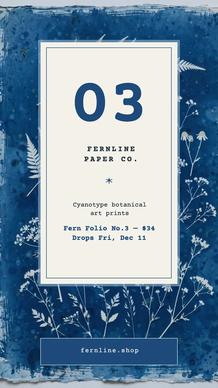 Fernline fern folio cyanotype drop story: botanical art print drop template