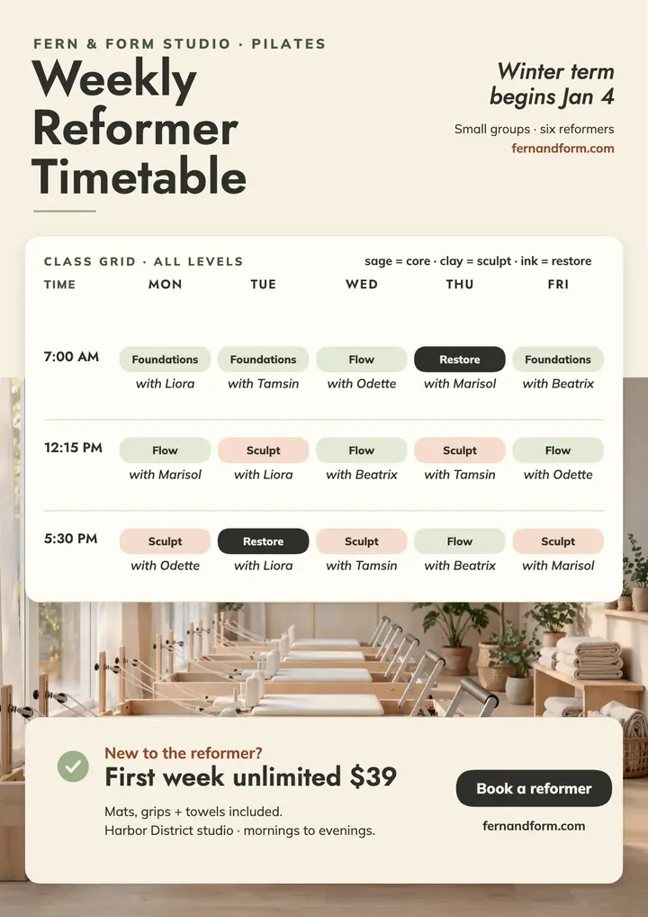 Fern and Form weekly reformer timetable template