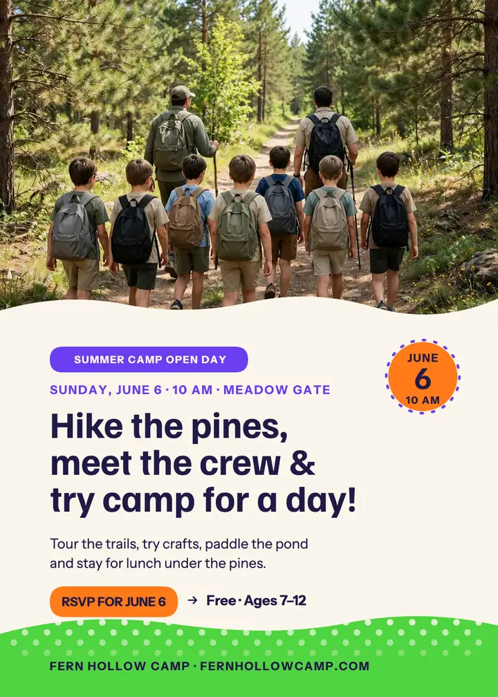 Fern Hollow Camp open day invitation template