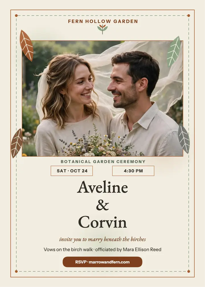 Fern Hollow garden wedding invitation, eco print: botanical garden wedding invitation template