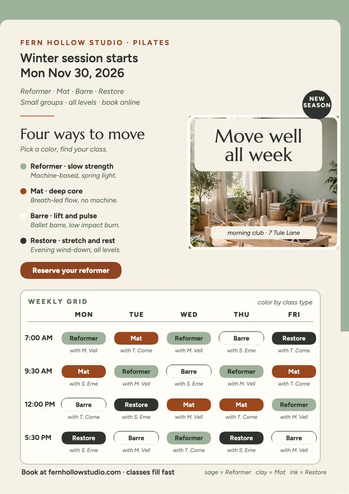 Fern Hollow weekly pilates timetable: pilates timetable flyer template