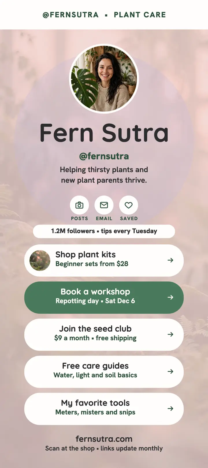 Fern Sutra plant creator link card: plant creator link in bio card template
