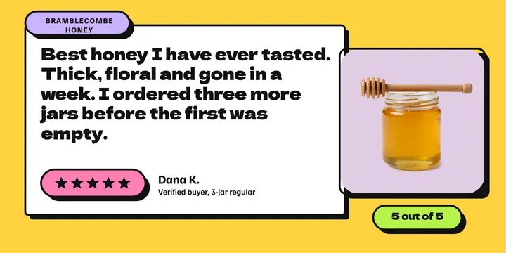 Bramblecombe Honey five-star review, neo-brutalism: customer review post template
