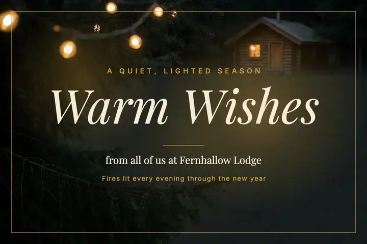 Fernhallow Lodge holiday postcard, moody holiday glow template