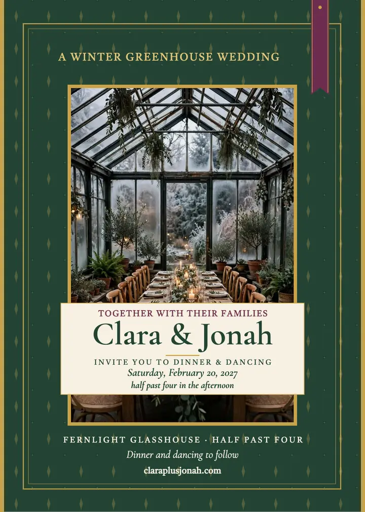 Clara and Jonah winter greenhouse invitation template