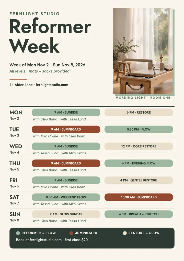 Fernlight reformer week timetable flyer template