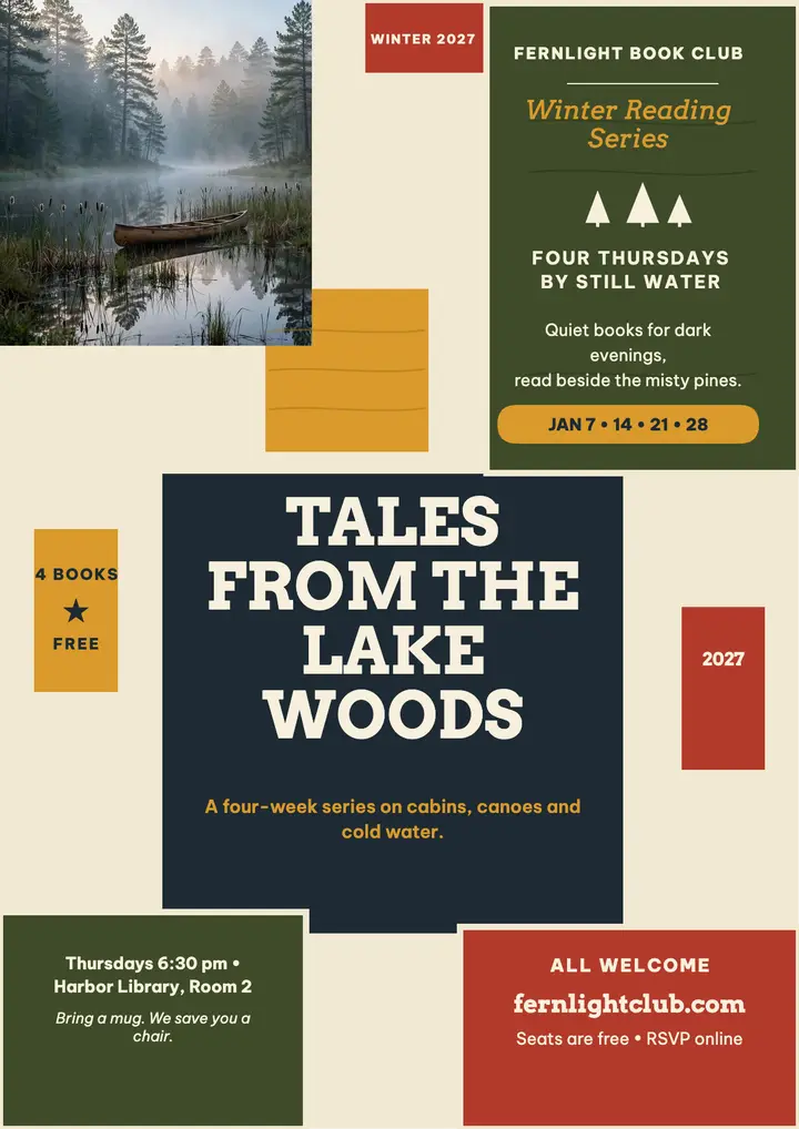 Fernlight winter book club flyer, lake woods template