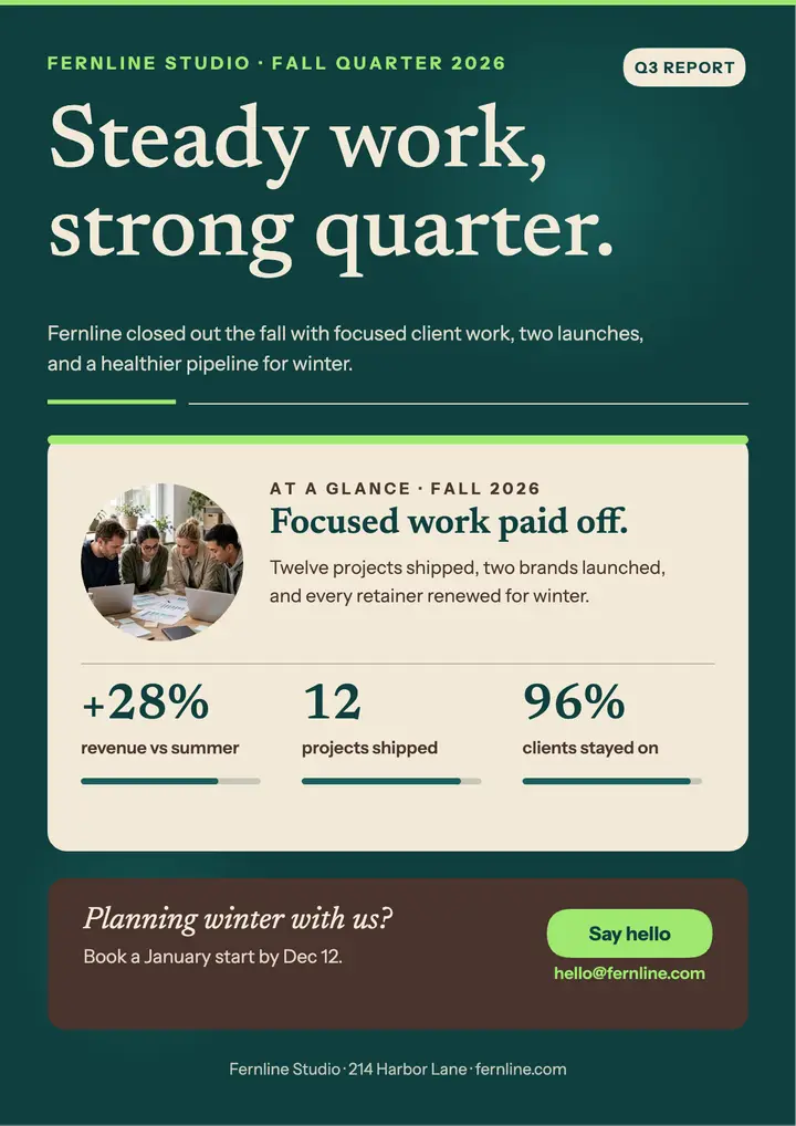 Fernline Studio fall quarter report flyer: quarterly report flyer template