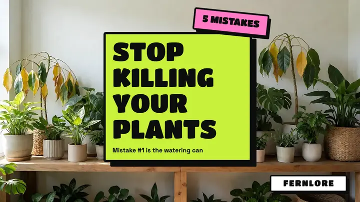 Fernlore plant care mistakes YouTube thumbnail, neo-brutalism template