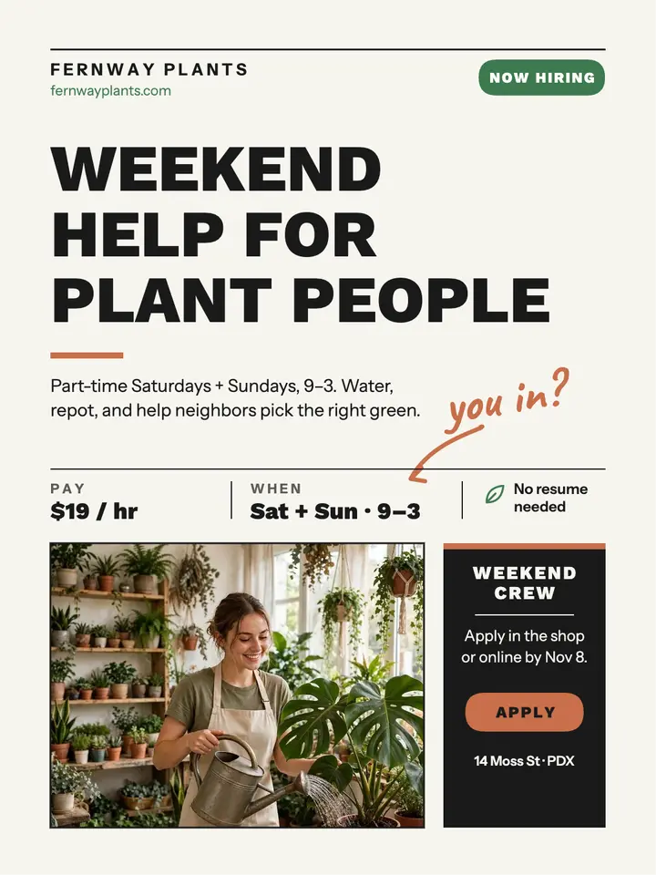 Fernway Plants weekend crew hiring post template