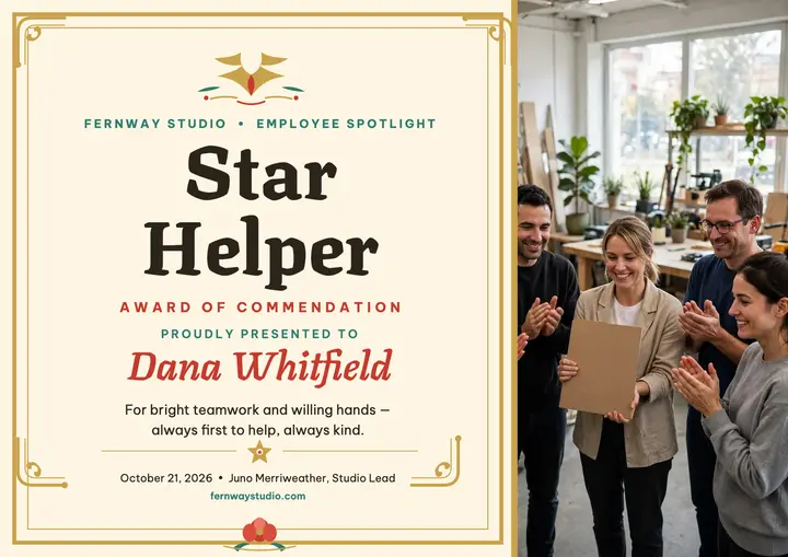 Fernway Star Helper award certificate template