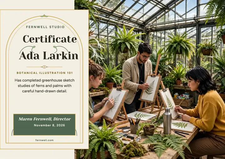 Fernwell botanical illustration certificate template