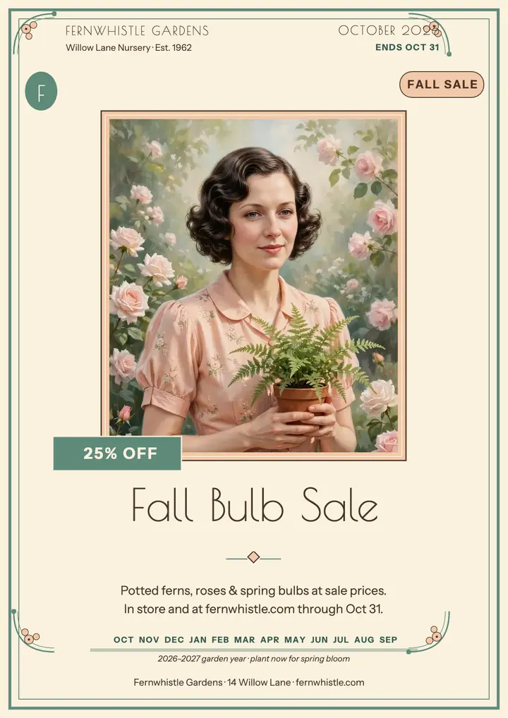 Fernwhistle fall bulb sale calendar flyer template
