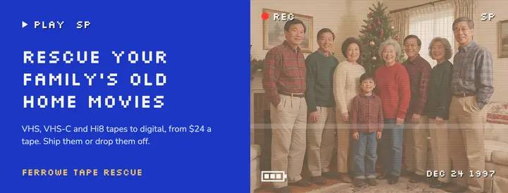 Ferrowe Tape Rescue home video transfer Facebook cover, camcorder tape: home video tape transfer facebook cover template