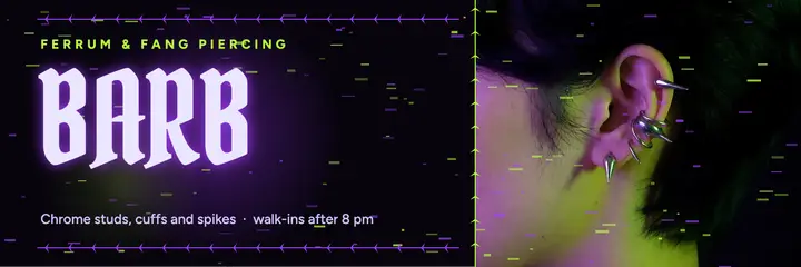Ferrum & Fang piercing studio header, cyber goth template