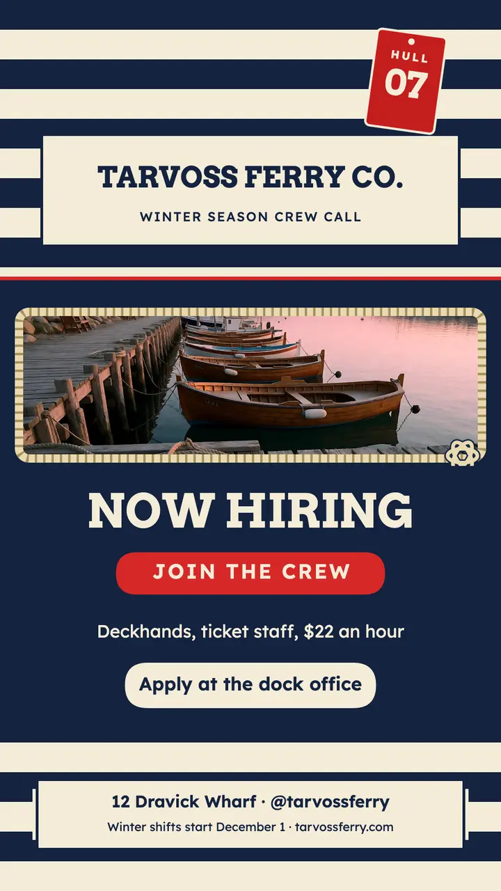 Ferry deckhand winter hiring story, fisherman nautical template