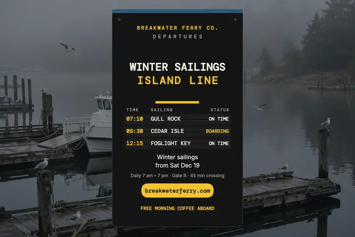 Breakwater Ferry winter sailings postcard template