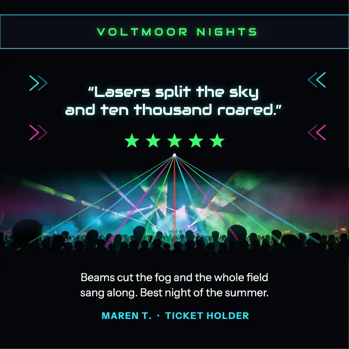 Voltmoor Nights festival review card, laser show template