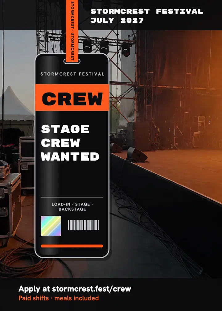 Stormcrest festival stage crew pass: festival crew hiring poster template