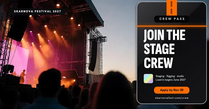 Skarnova Festival stage crew hiring backstage pass post template