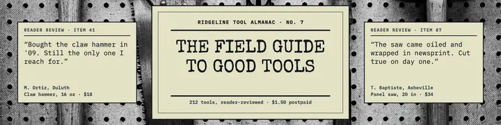 Ridgeline tool almanac reviews banner: tool catalog reviews banner template