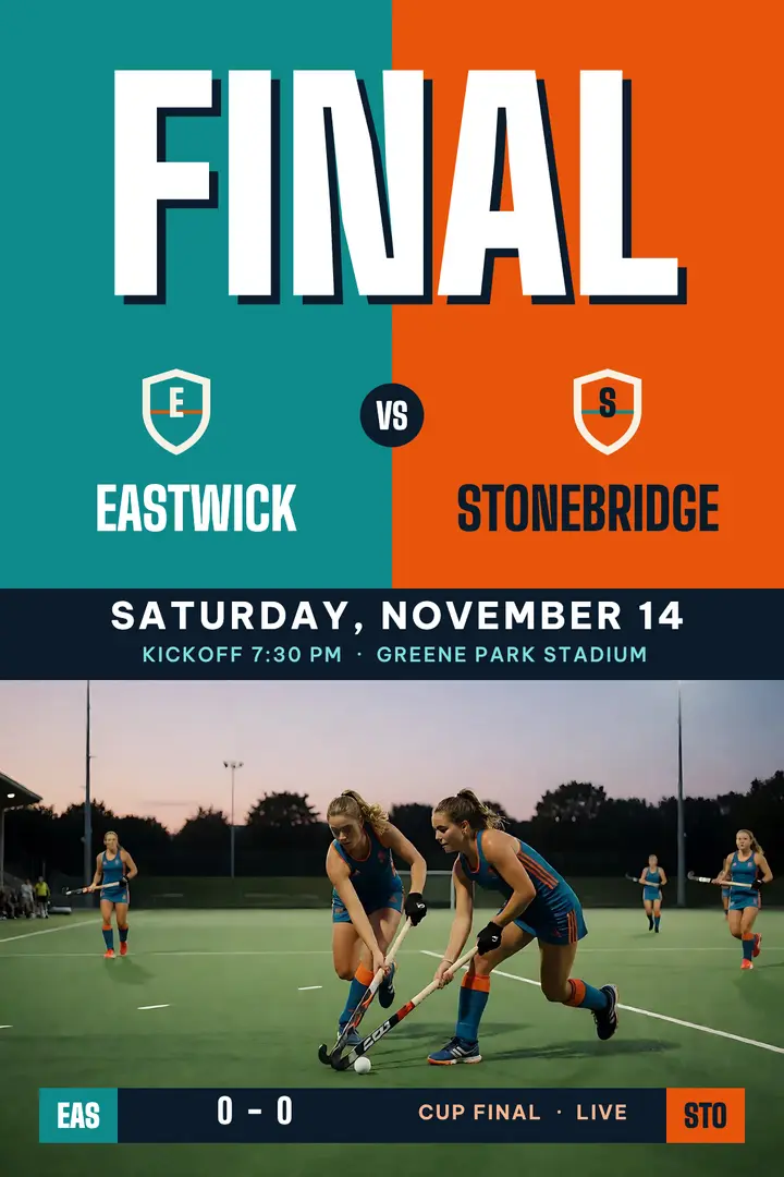 Field hockey cup final fixture poster, matchday broadcast template