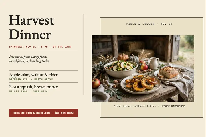 Field and Ledger harvest dinner menu postcard template