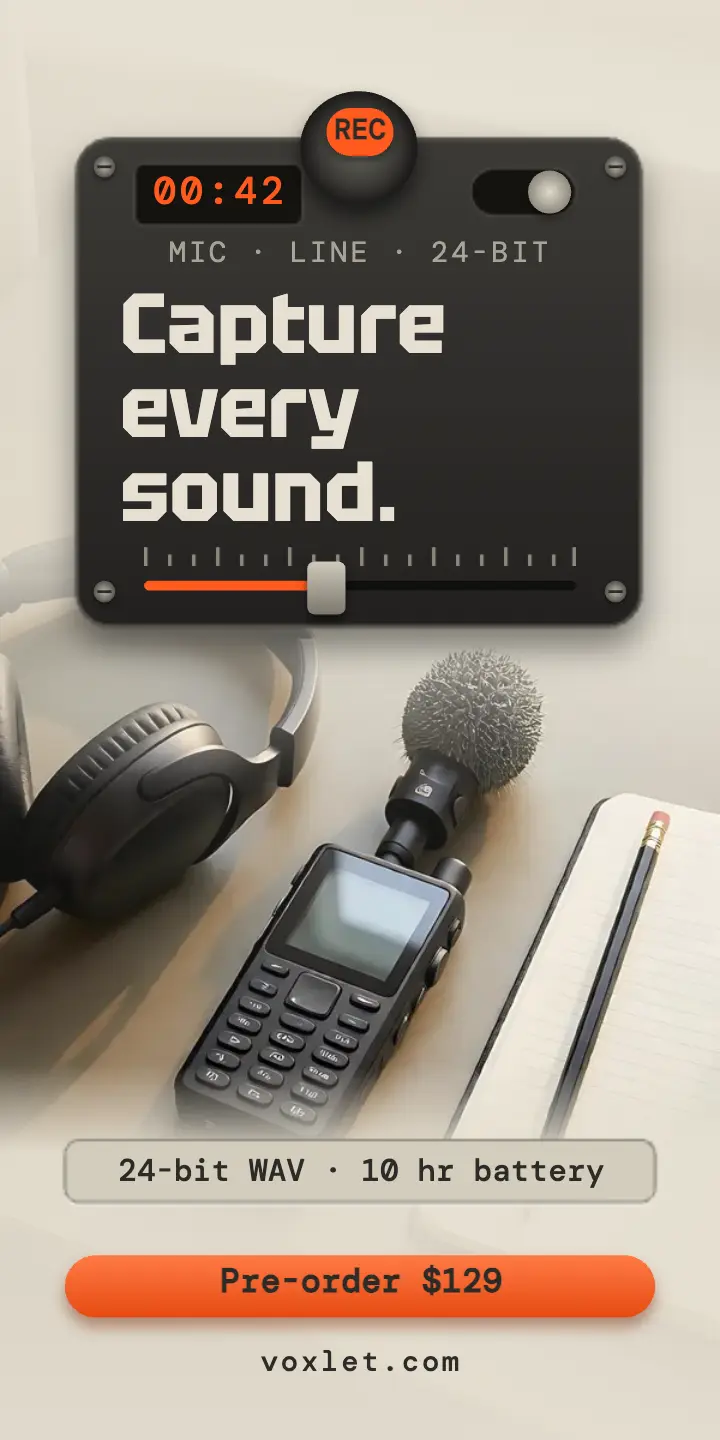 Voxlet P1 pocket field recorder half-page ad: field recorder ad template