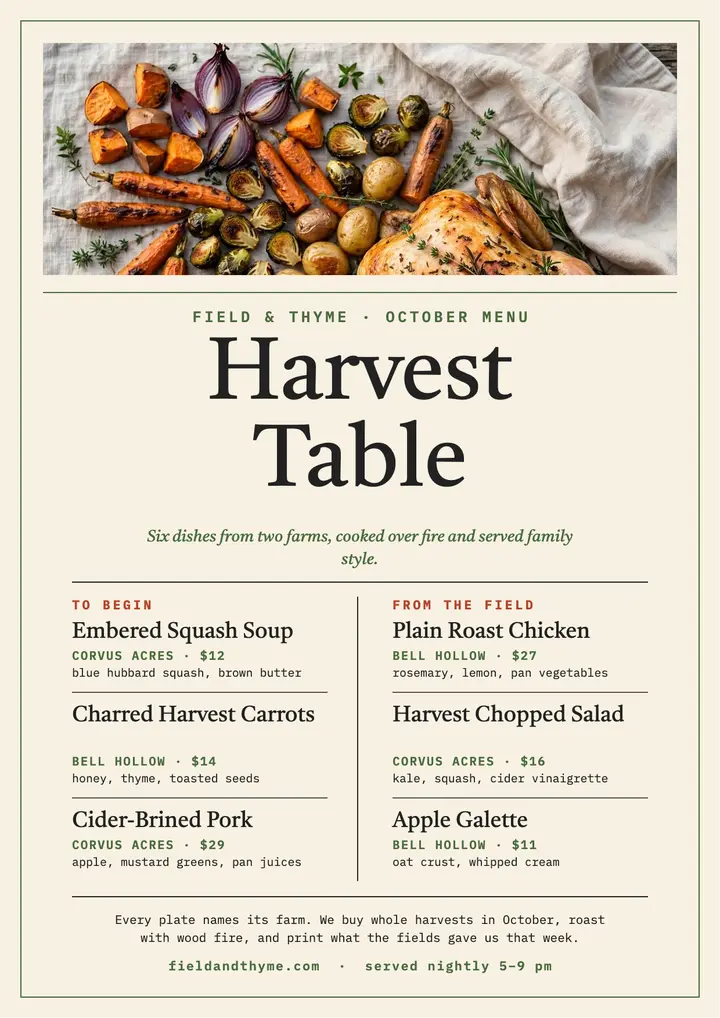 Field & Thyme harvest dinner menu flyer template