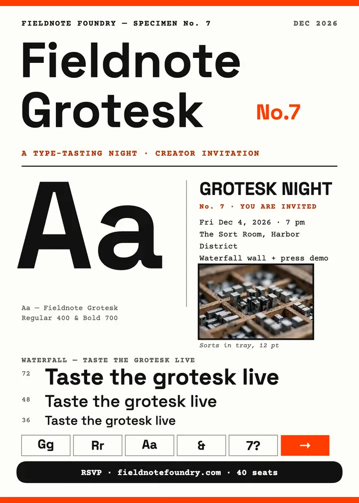 Fieldnote Grotesk Night type-tasting invitation template