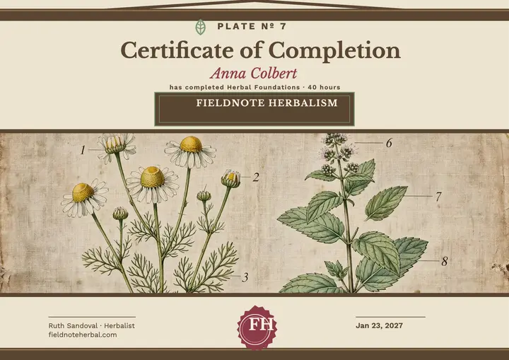 Fieldnote Herbalism completion chart certificate: herbalism certificate template