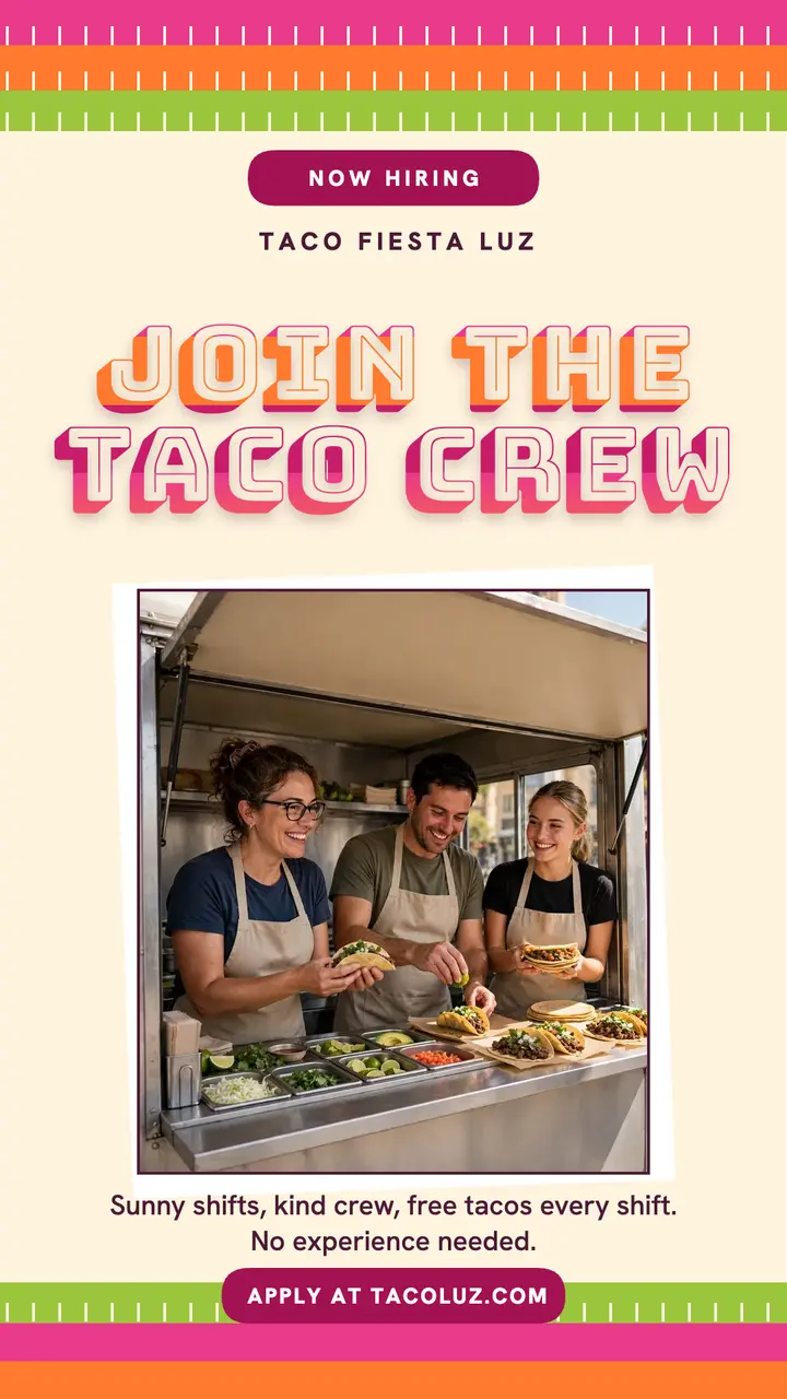 Taco Fiesta Luz crew hiring story template