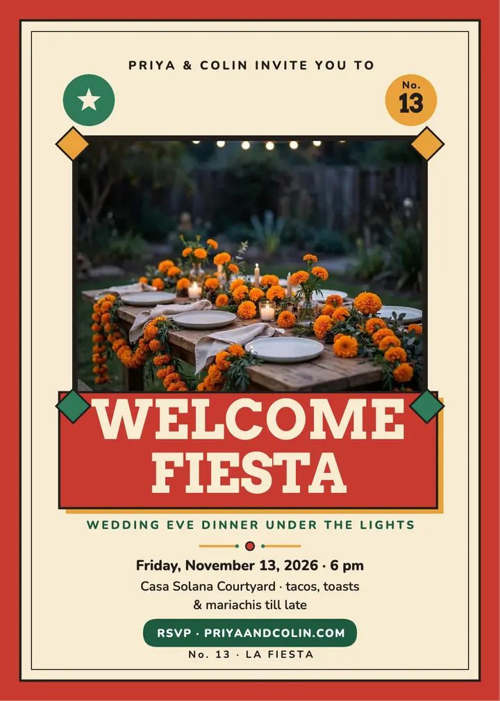 Priya and Colin welcome fiesta loteria invitation template