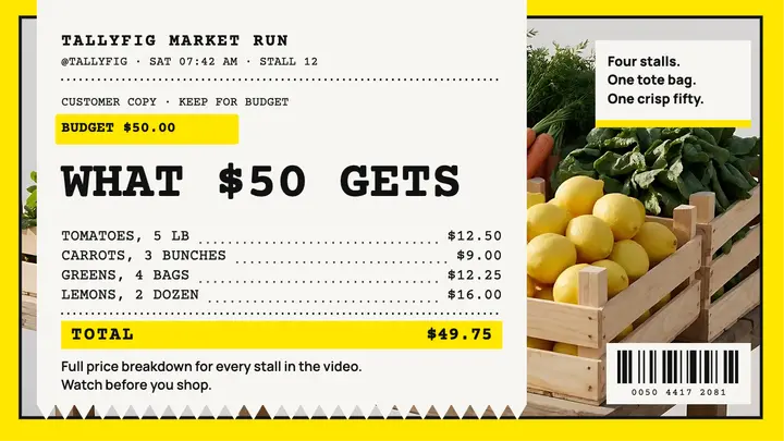 What $50 gets at the market thumbnail, receipt style template