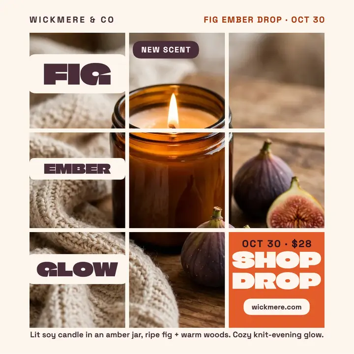 Wickmere Fig Ember candle grid reveal: candle launch post template