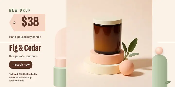 Fig & Cedar soy candle launch post, pastel podium template