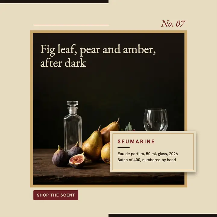 Fig, pear and amber fragrance still life post template