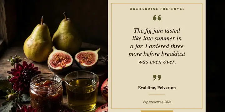 Orchardine fig preserves review card, old masters still life template