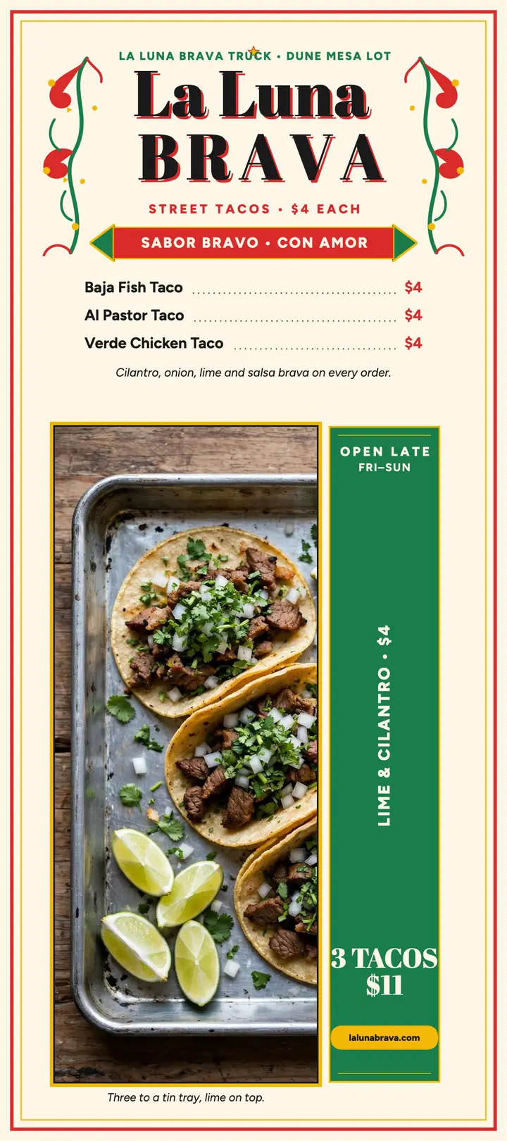La Luna Brava fileteado taco menu template