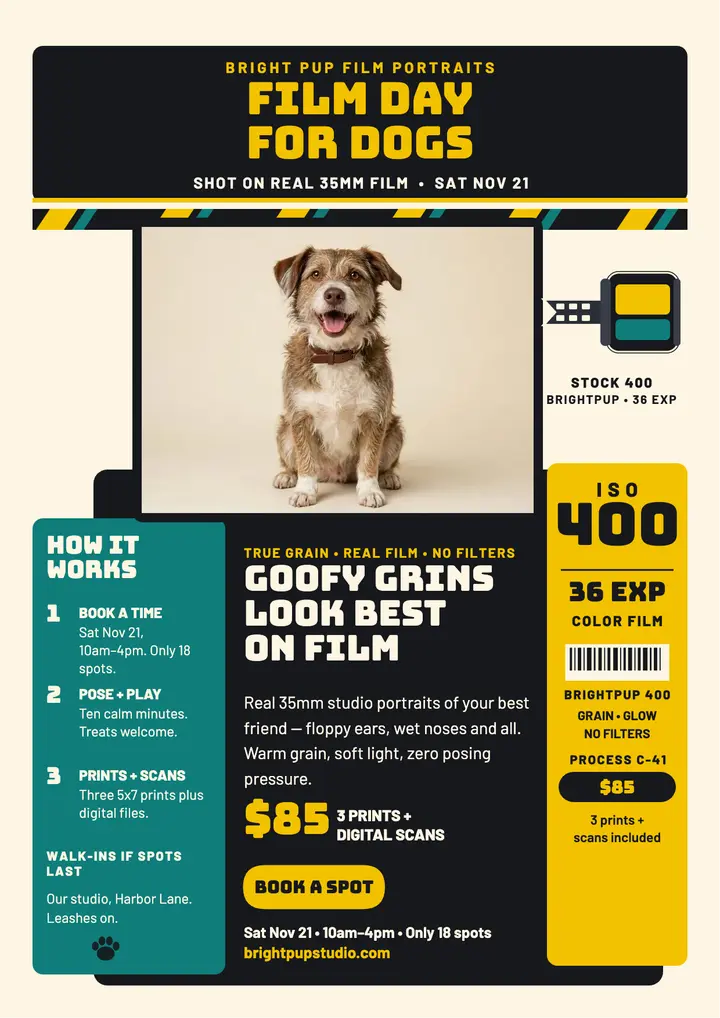 Bright Pup film day dog portraits flyer template