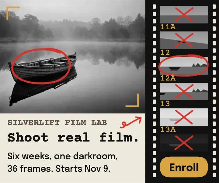 Film photography and darkroom course ad, contact sheet template