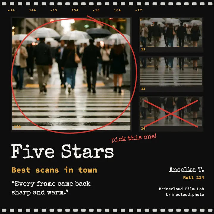 Brinecloud Film Lab five-star review contact sheet post template