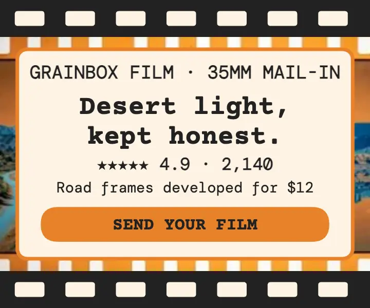Grainbox Film desert negatives review ad template