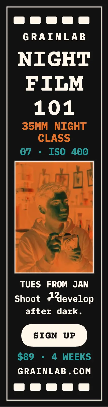 Grainlab Night Film 101 negative strip ad: film class ad template