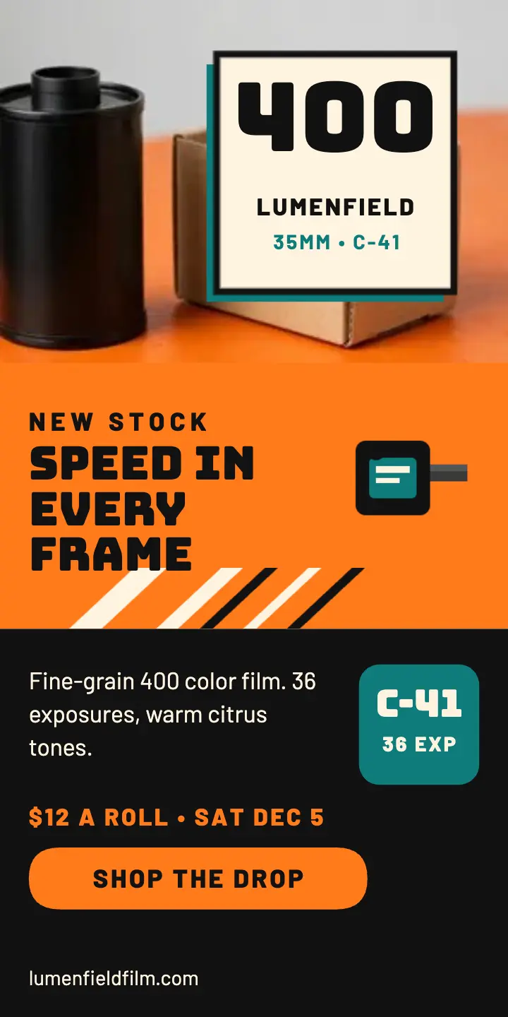 Lumenfield 400 film stock drop ad template