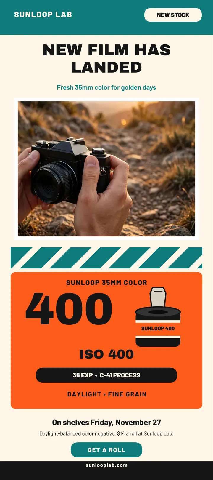 Sunloop 400 film launch rack card: film stock launch template
