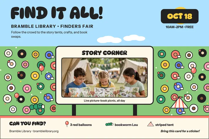 Bramble Library Finders Fair postcard template